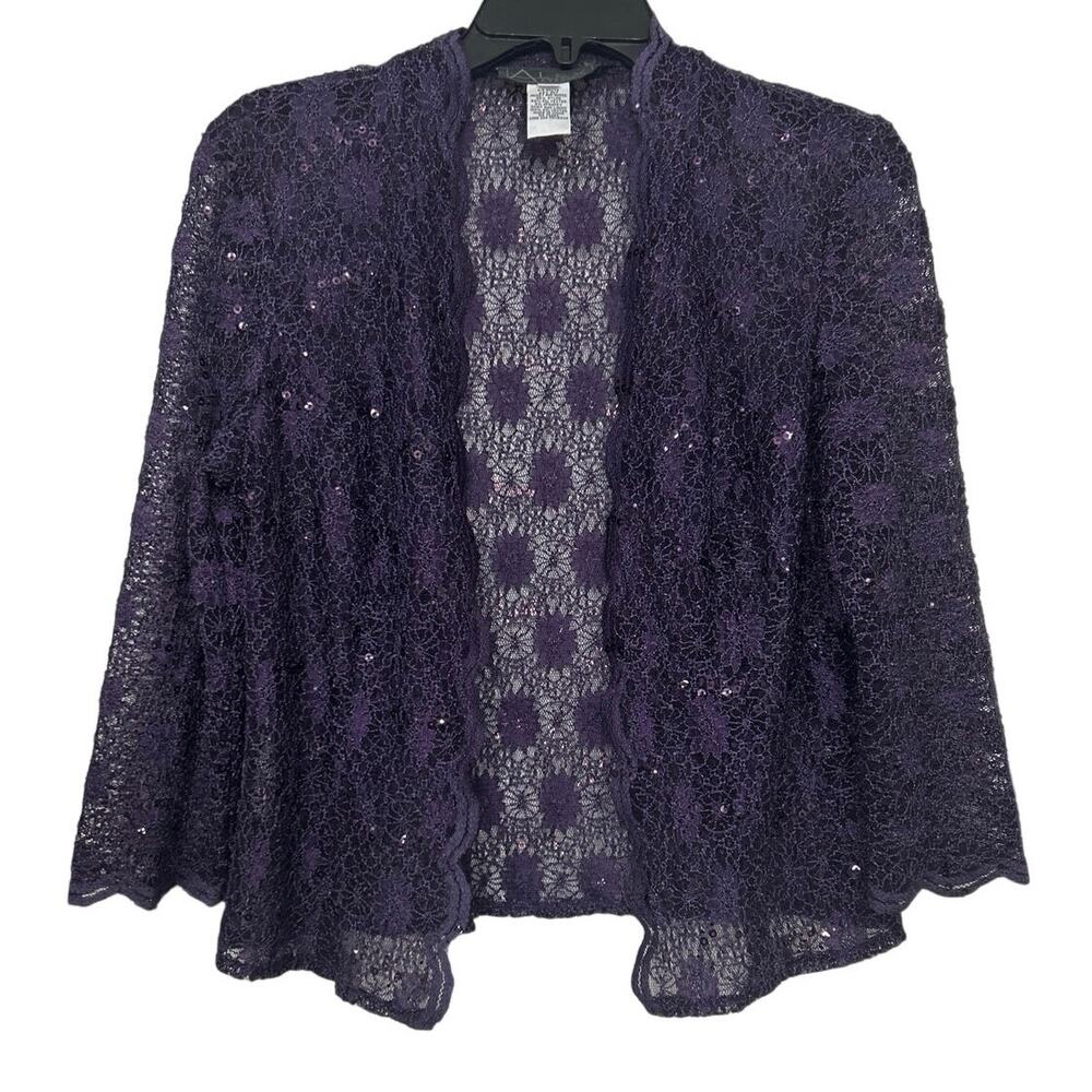 Alex Evenings Purple Sequin Lace Open Front Jacket Shrug Evening Formal Size 8